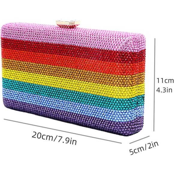 Women Rainbow Crystal Evening Bag Slim Clutch Handbag with Chain for Prom Party - Picture 2 of 6